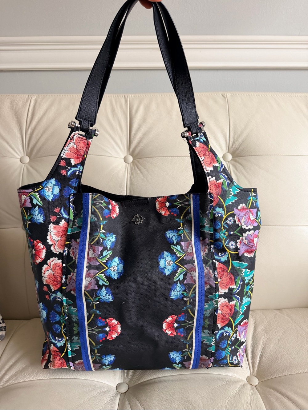 Nanette Lepore Black Floral Tote with Blue & Red Accents